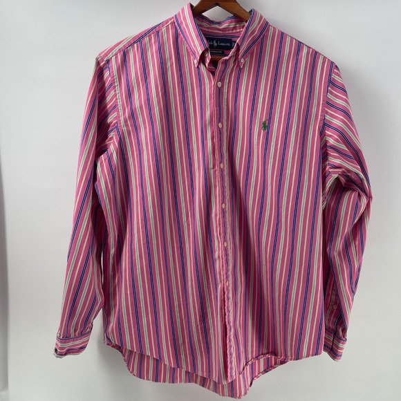 Ralph Lauren Classic Fit Striped Button Down Shirt Mens XL Pink Green Navy White - Picture 6 of 8